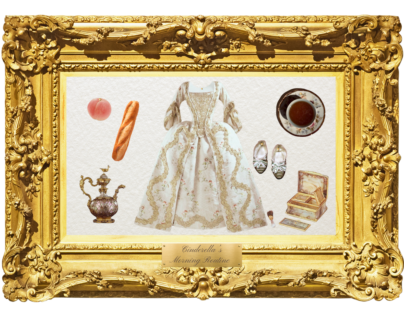 Cinderella shadow box filled with elements of Cinderella's rococo French morning routine